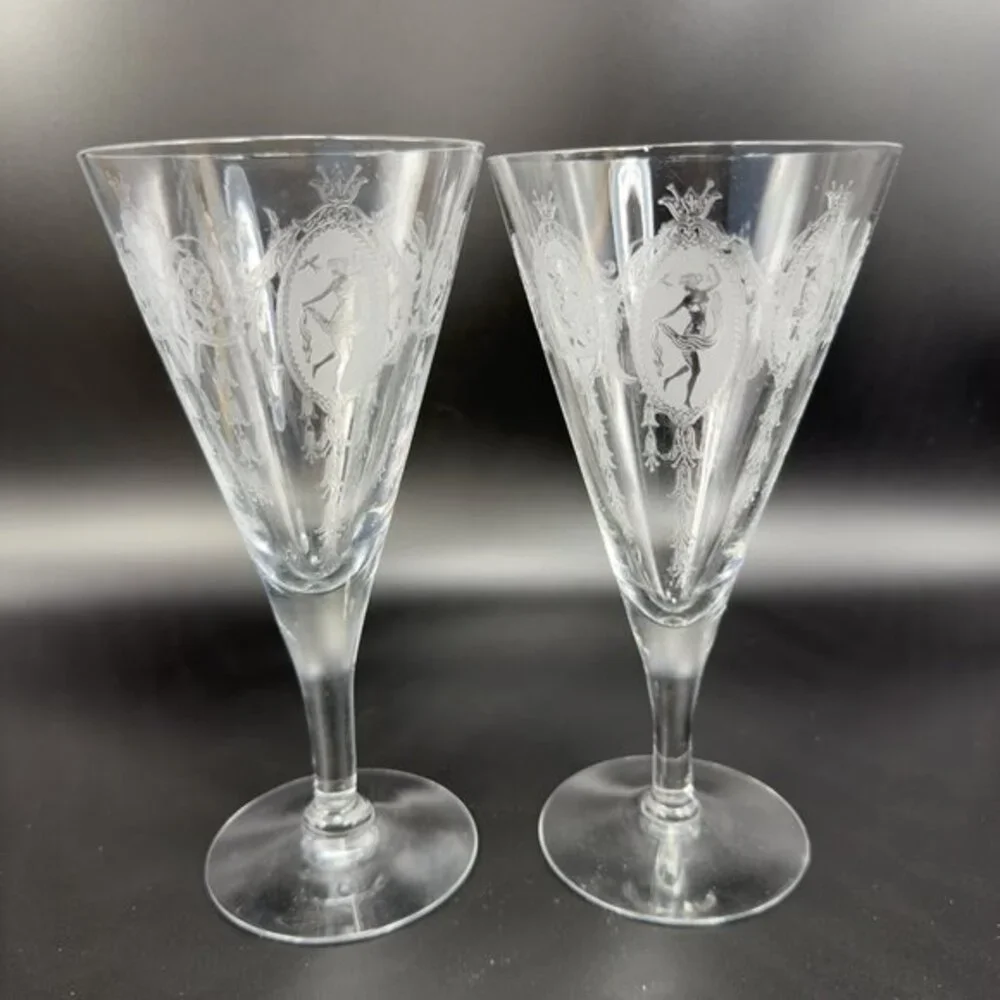 Tiffin Franciscan Classic Shawl Dancer Cameo Etched Nude Dancer Cups Set 2 Clear